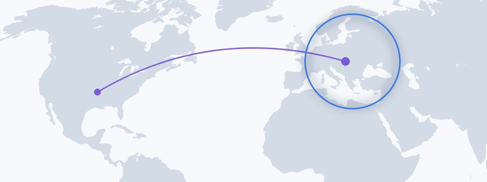 Verdenskort med en cirkel om Europa og en linje der går ind i cirklen fra Nordamerika.